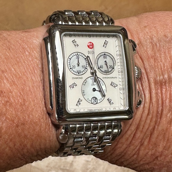 Michele Silver Stainless Steel Deco Diamond triple chronograph.